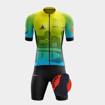Conjunto Ciclismo Masculino Camisa Premium Manga Curta e Bermuda Espuma Bolsos Laterais Camiseta Manga Curta Bolsos Traseiros Ziper Total Proteção Uv