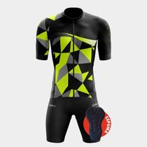 Conjunto Ciclismo Masculino Camisa Premium Manga Curta e Bermuda Espuma Bolsos Laterais Camiseta Manga Curta Bolsos Traseiros Ziper Total Proteção Uv