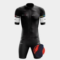 Conjunto Ciclismo Masculino Camisa Premium Manga Curta e Bermuda Espuma Bolsos Laterais Camiseta Manga Curta Bolsos Traseiros Ziper Total Proteção Uv