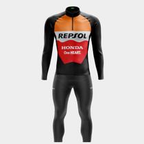 Conjunto Ciclismo Masculino Kit Camisa Manga Longa Repsol Pro + Calça de Gel Inverno Frio