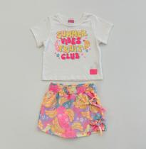 Conjunto Cinti Infantil Blusa Branca e Shorts Saia Colorido Bananas