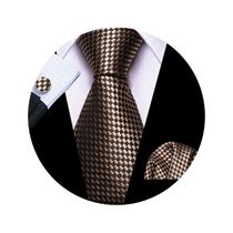Conjunto Clássico de Gravata Marrom Xadrez Barry.Wang, Marrom Xadrez, Tamanho Único