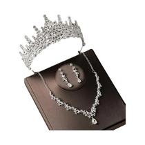 Conjunto Clássico De Joias De Casamento Femininas: Colar, Brincos E Tiara De Cristal Em Liga