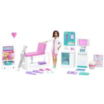 Conjunto Clínica Barbie, Médica Morena (30 cm), 30+ Peças, 4 Áreas de Brincadeira, Gesso e Bandagem, Estações Médicas e Raio-X, Mesa de Exame, Loja