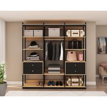 Conjunto Closet Industrial 3 Modulado com 1 Cabideiro e 4 Gavetas com Puxador em Courinho Bege/Freijó/Preto