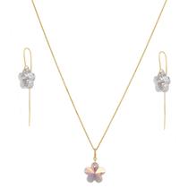 Conjunto Colar 40cm Flor Cristal Pingente Brincos Ouro 18k Conjunto Colar 40cm Flor Cristal Pingente Brincos Ouro 18k