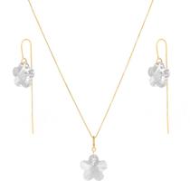 Conjunto Colar 45cm Flor Cristal Pingente Brincos Ouro 18k Conjunto Colar 45cm Flor Cristal Pingente Brincos Ouro 18k