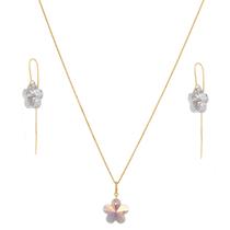 Conjunto Colar 50cm Flor Cristal Pingente Brincos Ouro 18k