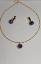 Conjunto colar aro torcido e brinco pedra amestista banhado ouro 18k