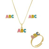 Conjunto Colar +Brinco +Anel ABC menina Em banho de Ouro 18k Conjunto Colar +Brinco +Anel ABC menina Em banho de Ouro 18k
