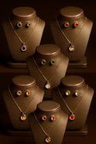 Conjunto Colar Brinco Círculo Aço Inox 45cm Várias Cores de Pedra Zircônia