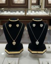 Conjunto Colar Brinco Coração Zircônia Antialérgico 45cm Conjunto Colar Brinco Coração Zircônia Antialérgico 45cm