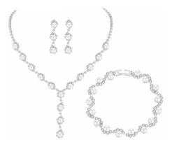 Conjunto Colar, Brinco e pulseira com cristais e pérolas