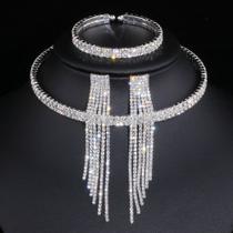 Conjunto Colar Brinco e Pulseira Strass Prateado Noiva Festa