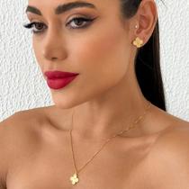 Conjunto Colar Brinco Feminino Trevo Banho Ouro 18k Prata 925 Bijuterias Finas