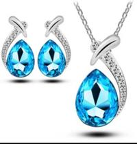 Conjunto Colar Brinco Formato D Gota Cor Prata C/Azul Claro