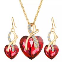 Conjunto Colar Brinco Formato De Coração C/Pingente Vermelho