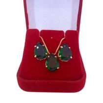 Conjunto colar+brinco gota verde escuro folheado a ouro Conjunto colar+brinco gota verde escuro folheado a ouro