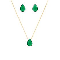 Conjunto Colar Brinco Gota Verde Esmeralda Folheado Ouro Conjunto Colar Brinco Gota Verde Esmeralda Folheado Ouro