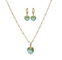 Conjunto Colar + Brinco Pedra Cristal Verde Folheado Ouro