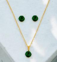 Conjunto Colar brinco pedra oval verde Zircônia
