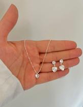 Conjunto Colar + Brinco Ponto de Luz Coração Corrente Prata 925