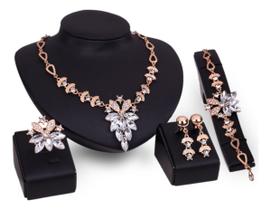 Conjunto Colar Brinco Pulseira Anel Dourado Alto Luxo Festa