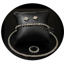 Conjunto Colar Brinco Pulseira Anel Strass Festa Noiva C29