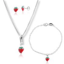 Conjunto Colar Brinco Pulseira Morango Infantil Prata Conjunto Colar Brinco Pulseira Morango Infantil Prata