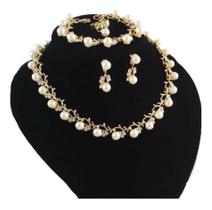 Conjunto Colar Brinco Pulseira Noiva Pérola Dourado Strass Conjunto Colar Brinco Pulseira Noiva Pérola Dourado Strass