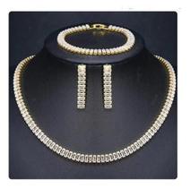Conjunto Colar Brinco Pulseira Ouro 18k Zircônia Retangular