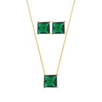 Conjunto Colar Brinco Quadrado Pedra Fusion Verde Folheado Conjunto Colar Brinco Quadrado Pedra Fusion Verde Folheado