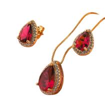 Conjunto Colar + Brincos Banhado Ouro 18k Rubi Em Zircônia