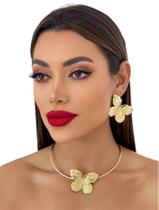 Conjunto Colar + Brincos Borboleta Elegante Folheado Ouro 18K
