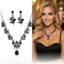 Conjunto Colar Brincos Cristal Preto All Black Festa Noivado Formatura Debutante