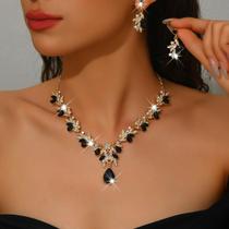 Conjunto Colar Brincos Cristal Preto Banhado Ouro Conjunto Colar Brincos Cristal Preto Banhado Ouro