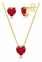 Conjunto Colar + Brincos De Coração De Cristal Vinho Banhado A Ouro Conjunto Colar + Brincos De Coração De Cristal Vinho Banhado A Ouro