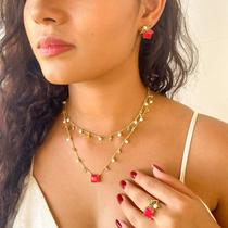 Conjunto Colar, brincos e anel quadrado zircônia rosa e pérolas banhado a ouro 18k
