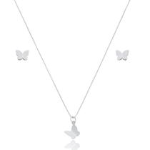 Conjunto Colar Brincos E Pingente Borboleta Em Prata 925