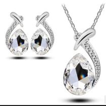 Conjunto Colar Brincos Formato De Gota Cor Prata C/Cristal
