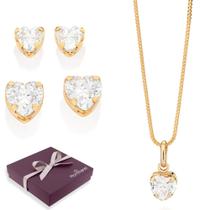 Conjunto Colar Brincos Pingente Coração Solitário Rommanel Banhado Ouro