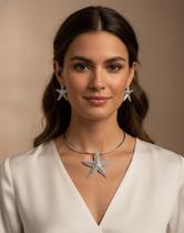 Conjunto Colar Choker Estrela do Mar + Brincos Bijuteria Feminina Elegante Cor:Prata Conjunto Colar Choker Estrela do Mar + Brincos Bijuteria Feminina Elegante Cor:Prata