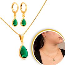 Conjunto Colar Com Brinco E Pingente Gota Verde Banhado A Ouro Conjunto Colar Com Brinco E Pingente Gota Verde Banhado A Ouro