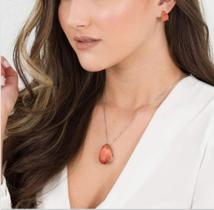 Conjunto Colar com Brinco Gota Grande Folheado Ródio com Calcedônia Laranja Semijoias