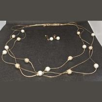 CONJUNTO Colar com Pérolas e Brincos Folheados Ouro18K