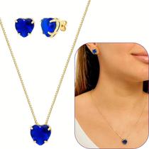 Conjunto Colar Coração 10mm Azul Royal banhado a Ouro 18k