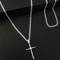 Conjunto Colar Corrente Masculina Italiana c/ Pingente de Cruz e Pulseira Grumet em Aço Inoxidável