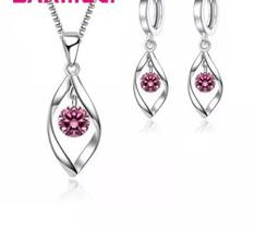 Conjunto Colar e Brinco banhado a prata 925 folha com zircônias rosa Conjunto Colar e Brinco banhado a prata 925 folha com zircônias rosa