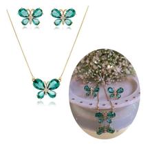 Conjunto Colar E Brinco Borboleta Cristal Verde Zircônias - Claire Semijoias