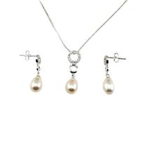 Conjunto Colar e Brinco Círculo Cravejado Vazado com Pérola Prata 925